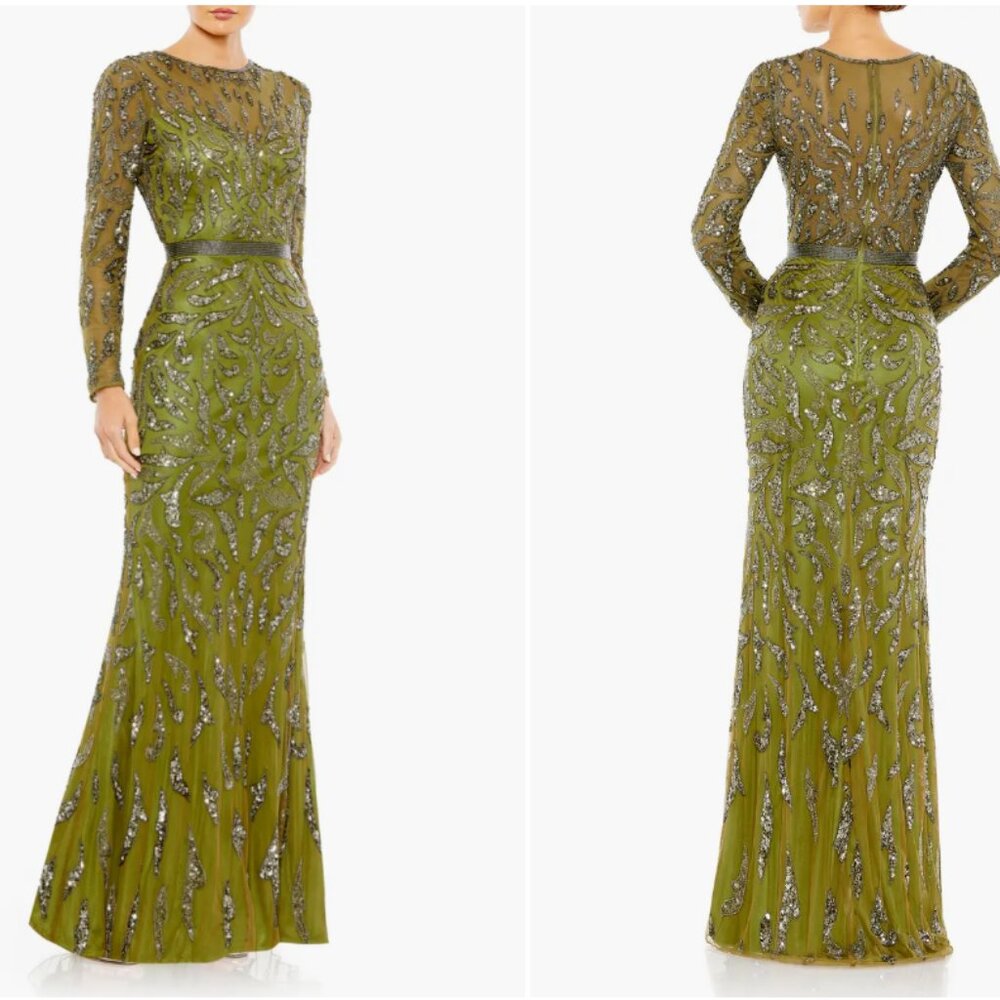 MAC DUGGAL 5924 BEADED LONG SLEEVE OLIVE GOWN sz 18